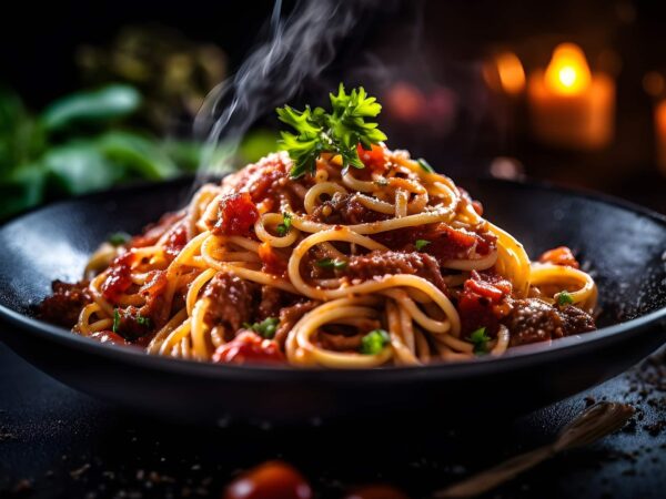 Pasta Italienne au bœuf haché cuisiner à la tomate comme une bolognaise.