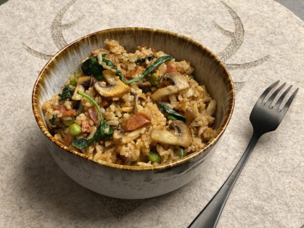 Riz au bœuf sauté,chorizo doux,œuf mollet