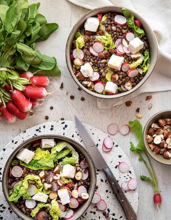 Lentilles Du Berry en salade,poulet pané à l’amande ..